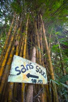 Sign stating no problem in French and bamboo Stock Photos