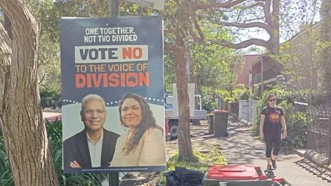 SIGN SUPPORTING NO CAMPAIGN ON VOTING DAY 2023 AUSTRRALIAN REFERENDUM 4K Stock Footage 252951141