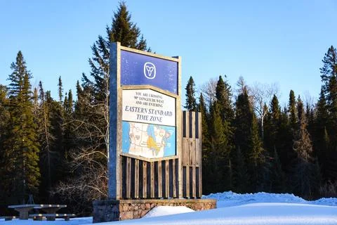 Sign for time zone change within the Province of Ontario Stock Photos
