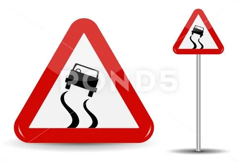 Sign Warning Slippery road. In Red Triangle is a sketchy machine that skidded Stock Illustration