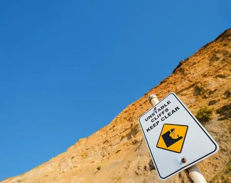 Sign warning of unstable cliffs at Jan Juc, Great Ocean Road, Victoria, Aus.. Stock Photos