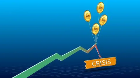 Sign with word Crisis is pulling the chart arrow down, and pack of dollar coins Stock Illustration