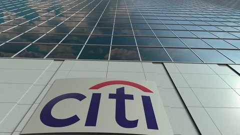 Signage board with Citigroup logo. Modern office building facade time lapse Stock Footage
