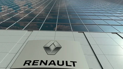 Signage board with Groupe Renault logo. Modern office building facade time lapse Stock Footage