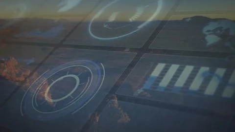 Signal activating HUD over panel grid at sunset, rings rotating, pulsing, Stock Footage 332405592