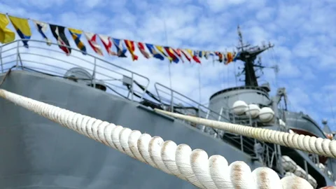 Signal flags on the warship Stock Footage 89757481