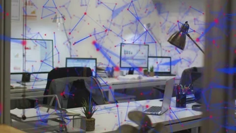 On signal, network overlay over desk forming nodes or lines, drifting, fading, Stock Footage 333078277