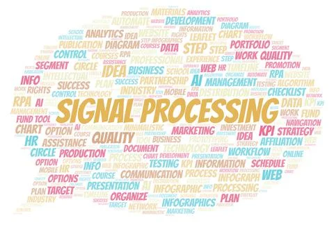 Signal Processing typography word cloud create with the text only. Illustrazione stock