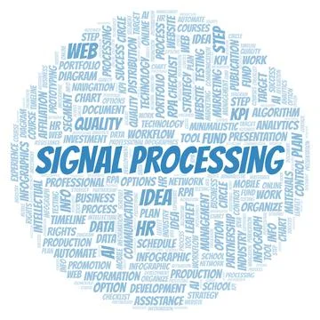 Signal Processing typography word cloud create with the text only. Illustrazione stock