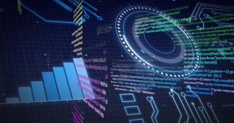 Signal pulse starting, concentric HUD rotating, code streams flowing, bars Stock Footage 329870163