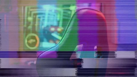 Signal spike causing glitch sweeping high-back gaming chair, shifting color Stock Footage 334900321