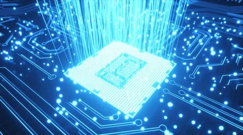 Signals passing through the microcircuits to the processor. Global technology Illustrazione stock