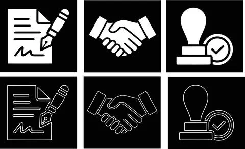 Signature Icon Set, Contract Document Pen Handshake Deal and Stamp Check Sy.. Ilustración de archivo