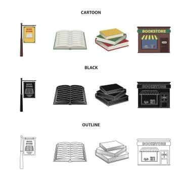 A signboard, a bookstore, a stack of books, an open book. A library and a Stock Illustration