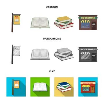 A signboard, a bookstore, a stack of books, an open book. A library and a Stock Illustration
