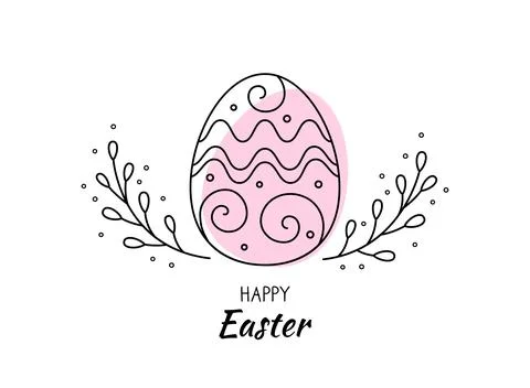 Signboard Happy Easter. Patterned Easter Egg and Willow Branches. Vector Stock Illustration