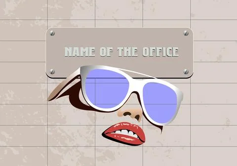 Signboard of the office on marble texture background with sunglasses image. Illustrazione stock