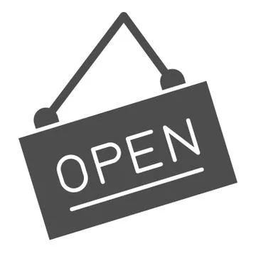 Signboard solid icon. Banner with text, door open board symbol, glyph style Stock Illustration