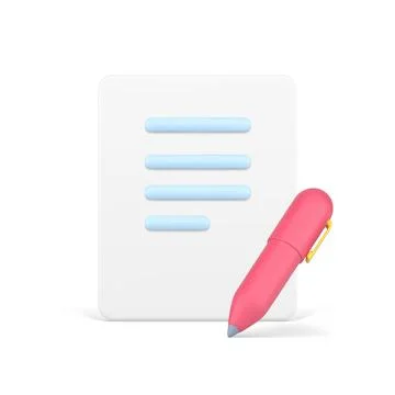 Signed 3d document. Pink pen next to volumetric piece paper with blue strip.. Stock Illustration