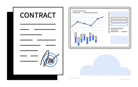 Signed contract beside data analytics dashboard showcasing graphs and chart.. Stock Illustration