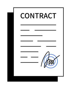 Signed Contract Document with Blue Signature and Text Lines on Paper Stock Illustration