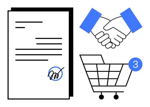 Signed contract document, handshake emotion representing partnership, shoppin Stock Illustration