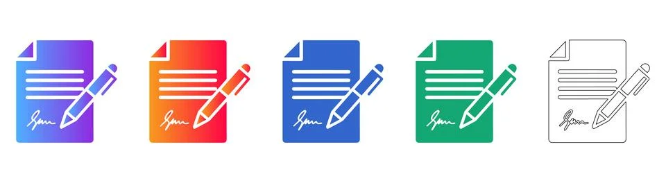 Signed Contract Document Icon Set Stock Illustration