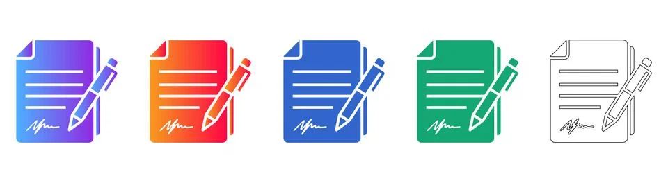 Signed Contract Document Icon Set Stock Illustration
