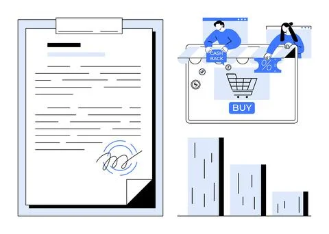 Signed document alongside shoppers using e-commerce platform and a bar graph  Stock Illustration