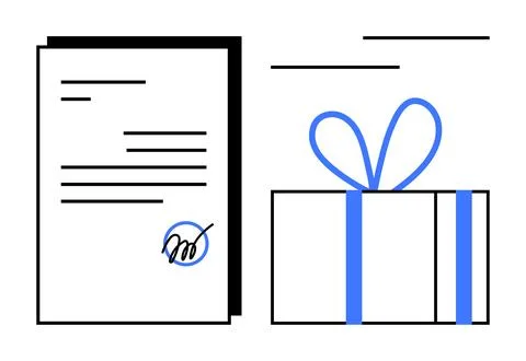 Signed document and blue ribbon-wrapped gift box. Ideal for business contract Stock Illustration