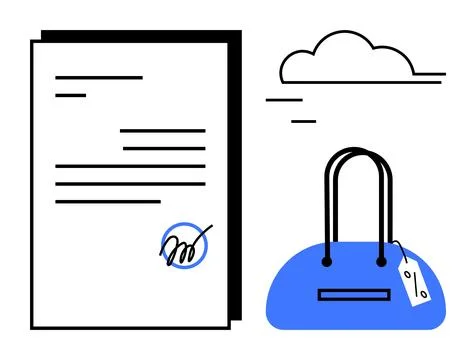 Signed document beside blue handbag with price tag and cloud. Ideal for legal Stock Illustration