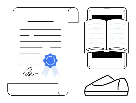 Signed document with blue seal, open book on tablet, and graduation cap symbo Stock Illustration