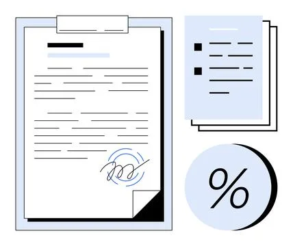Signed document, checklist papers, and a percentage symbol. Ideal for busines Stock Illustration