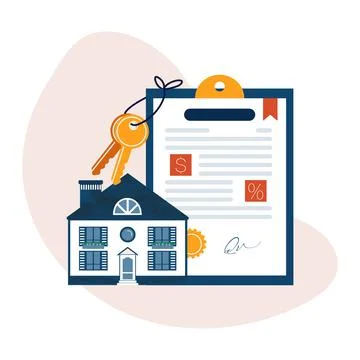 Signed Mortgage Rate Document agreement house and keys Stock Illustration