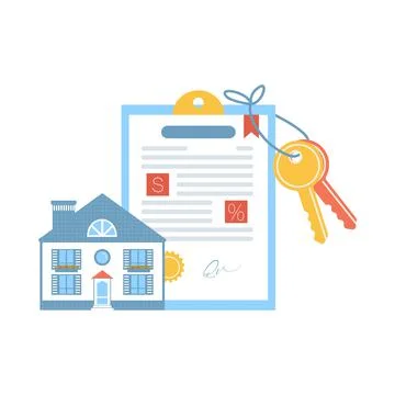 Signed Mortgage Rate Document agreement house and keys Stock Illustration