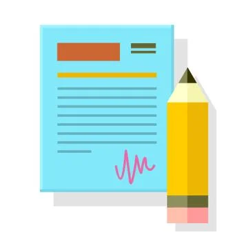 Signed Office Document with Pencil Isolated Stock Illustration