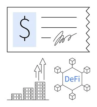 Signed receipt with dollar symbol, upward graph bars, and DeFi blockchain net Stock Illustration