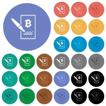 Signing Bitcoin cheque round flat multi colored icons Stock Illustration