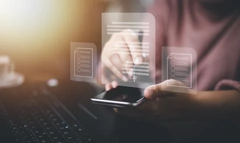 Signing electronic documents on digital documents Online, businessman with co Stock Photos