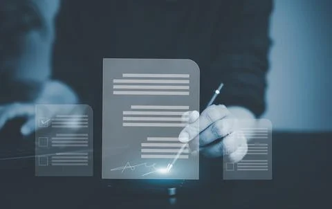 Signing electronic documents on digital documents Online, businessman with co Stock Photos