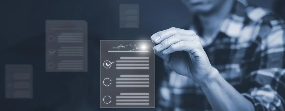 Signing electronic documents on digital documents Online, businessman with co Stock Photos