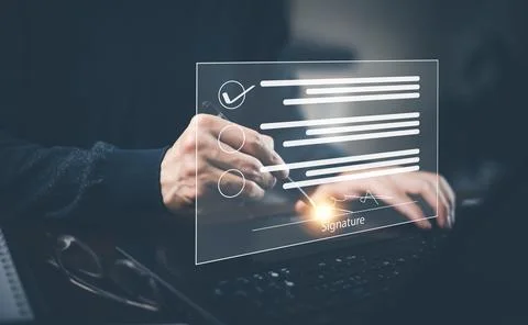 Signing electronic documents on digital documents Online, businessman with co Stock Photos