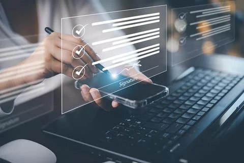 Signing electronic documents on digital documents Online, businessman with co Stock Photos