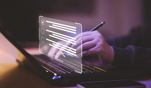 Signing electronic documents on digital documents Online, businessman with co Stock Photos