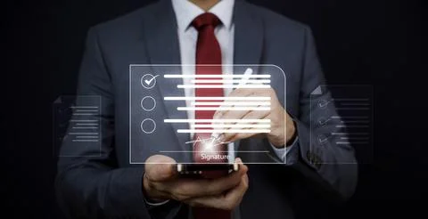 Signing electronic documents on digital documents Online, businessman with co Foto stock