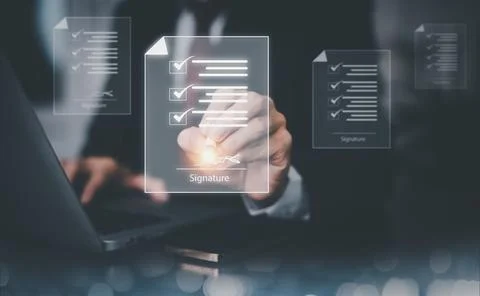 Signing electronic documents on digital documents Online, businessman with co Stock Photos