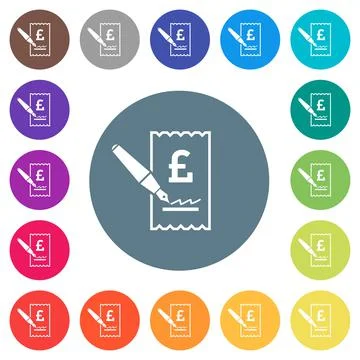 Signing Pound cheque flat white icons on round color backgrounds Stock Illustration