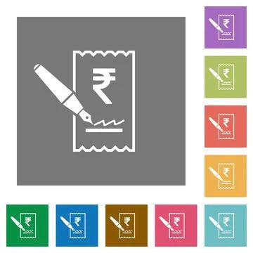 Signing Rupee cheque square flat icons Stock Illustration