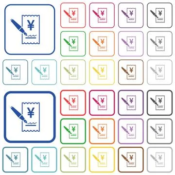 Signing Yen cheque outlined flat color icons Stock Illustration