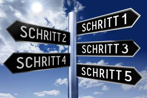 Signpost with 5 arrows - steps in German Stock Illustration